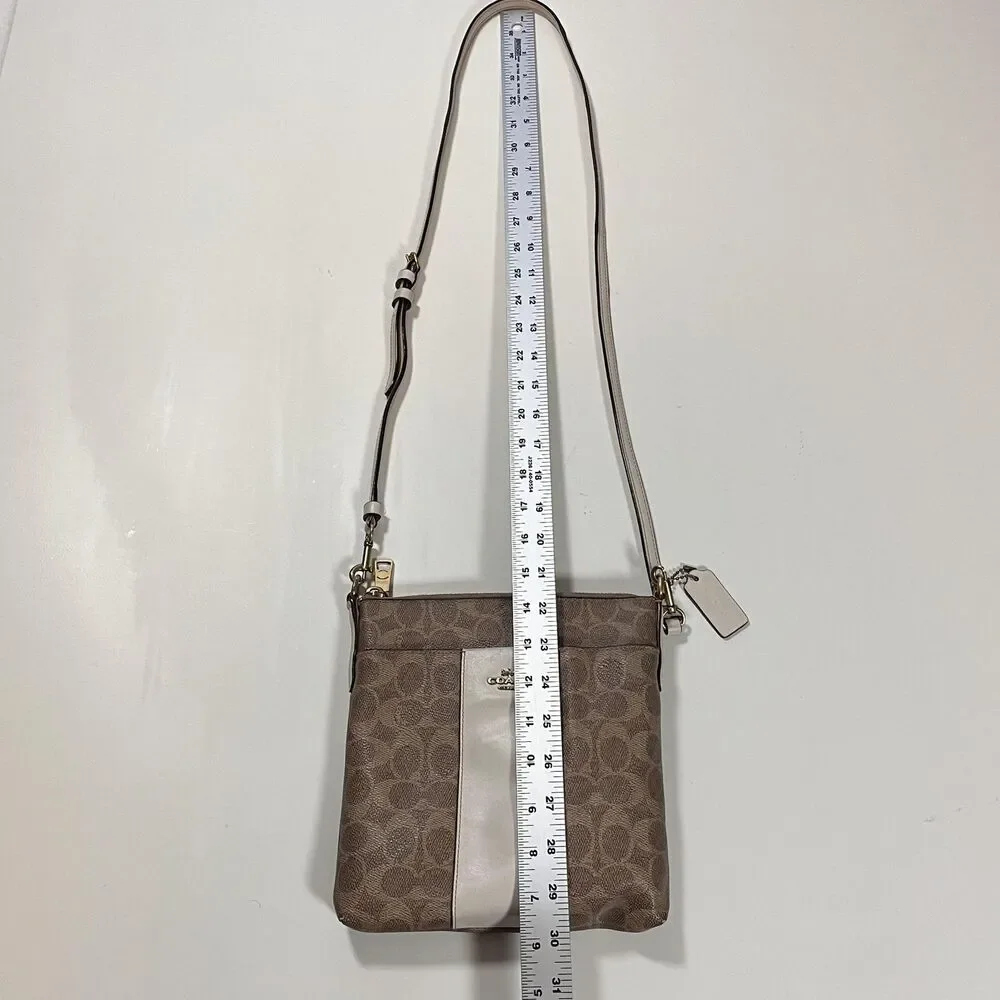 Coach Signature Stripe Crossbody Bag Womens Small Brown Cream Leather Purse